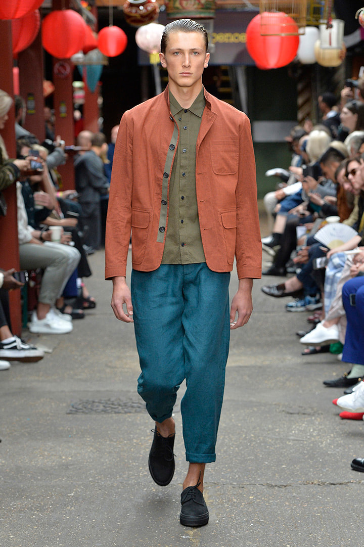 Oliver Spencer, ss 20, mens fashion, hong kong, midcentury, suited, mens fashion, teal, burnt orange, twin piece, wealthy, organic, Portugal,   carbon footprint, eco friendly, sustainable 